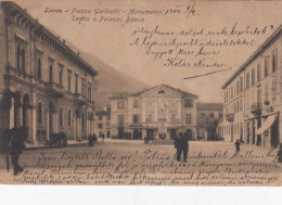 LECCO-PIAZZA GARIBALDI-MONUMENTO-TEATRO E PALAZZO BANCA-CARTOLINA VIAGGIATA IL 6-10-1904-RETRO INDIVISO - Lecco