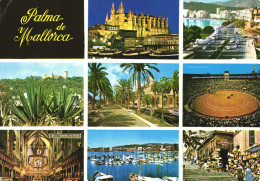 PALMA DE MALLORCA, MULTIPLE VIEWS, ARCHITECTURE, CASTLE, CHURCH, PORT, BOATS, BULL RING, CARS, MARKET, SPAIN, POSTCARD - Palma De Mallorca