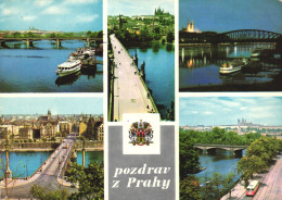 PRAGUE, MULTIPLE VIEWS, BRIDGE, SHIPS, ARCHITECTURE, CARS, EMBLEM, BUS, CZECH REPUBLIC, POSTCARD - Czech Republic