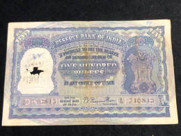 INDIA 100 RUPEES P-43  1957 TIGER ELEPHANT DAM MONEY BILL Rhas Pinhole ARE BANK NOTE Black Number Below 1 Pcs Au Very Ra - India