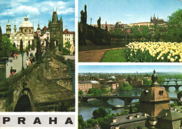 PRAGUE, MULTIPLE VIEWS, ARCHITECTURE, BRIDGE, GARDEN, TULIPS, BOAT, CZECH REPUBLIC, POSTCARD - Czech Republic