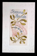 Cp, Tissu, Bonne Année, éventail, Fleurs, écrite 1921 - Other & Unclassified