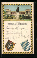 Lithographie München, Bavaria Und Ruhmeshalle, Wappen, Private Stadtpost Courier  - Francobolli (rappresentazioni)