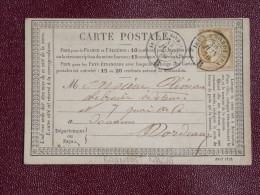 FRANCE CARTE   1876 TRAIN  DE NUIT  BAYONNE BORDEAUX +CERES 15C  CAD + AFF. INTERESSANT. DP8+ - 1849-1876: Klassik