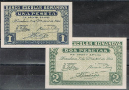 55165. Billetes BANCO BONANOVA (Barcelona) 1944, 1 Y 2 Pts, Plancha, ULTIMA Serie ** - Sonstige & Ohne Zuordnung