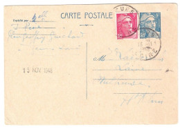 FEURS Loire Carte Postale Entier 5F Gandon Bleu Yv 719B-CP1 3F Rose Lilas Yv 806 Ob 13 11 1948 Dest Mulhouse - Postales Tipos Y (antes De 1995)