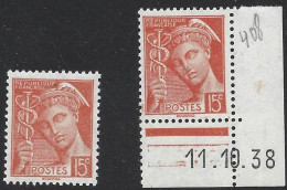 FRANCE N° 408 15C VERMILLON TYPE MERCURE 2 NUANCES NEUF SANS CHARNIERE - Unused Stamps