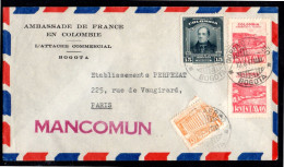 Colombie Colombia Enveloppe Cover Letter Lettre Bogota 12 8 47 Ambassade De France Pour Paris Griffe Linéaire Mancomum - Kolumbien