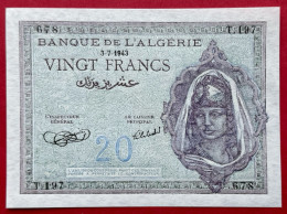 N°74 BILLET DE BANQUE 20 FRANCS ALGÉRIE 3 7 1943 NEUF / UNC - Algeria
