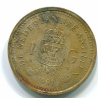 1 GULDEN 1991 NETHERLANDS ANTILLES Aureate Steel Colonial Coin #S12125.U.A - Niederländische Antillen
