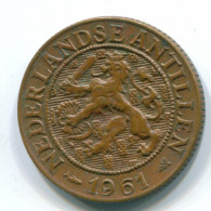 1 CENT 1961 ANTILLAS NEERLANDESAS Bronze Fish Colonial Moneda #S11059.E.A - Niederländische Antillen