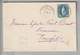 CH Heimat NE Areuse 1906-02-11 Brief Nach Frankfurt Mit Stehende H. 25Rp. SBK#87A - Cartas & Documentos