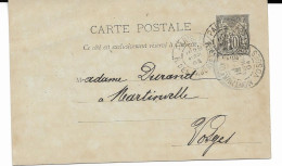 Carte Entier Postal -  Paris à Monthureux - Type Sage 10ct (n°89) N°467 - 1877-1920: Periodo Semi Moderno