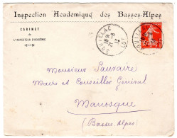 1913  CAD De SOUILLAC  "  Inspection Académique Des BASSES ALPES "  Envoyée à MANOSQUE - Cartas & Documentos