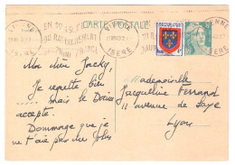 VIENNE Isère Carte Postale Entier 8F Gandon Turqoise 4F Anjou Yv 810-CP1 838 Ob 1949 Krag VIE221 Rattachement Dauphiné - Cartes Postales Types Et TSC (avant 1995)