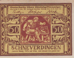 50 PFENNIG 1921 Stadt SCHNEVERDINGEN Hanover DEUTSCHLAND Notgeld Banknote #PF932 - Lokale Ausgaben