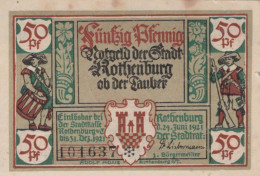 50 PFENNIG 1921 Stadt ROTHENBURG OB DER TAUBER Bavaria UNC DEUTSCHLAND #PH328 - Lokale Ausgaben