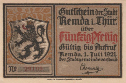 50 PFENNIG 1921 Stadt REMDA Thuringia UNC DEUTSCHLAND Notgeld Banknote #PH321 - Lokale Ausgaben