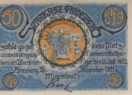 50 PFENNIG 1922 Stadt ARNSBERG Westphalia DEUTSCHLAND Notgeld Banknote #PF796 - [11] Emissions Locales
