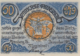 50 PFENNIG 1922 Stadt ARNSBERG Westphalia DEUTSCHLAND Notgeld Banknote #PF733 - [11] Local Banknote Issues