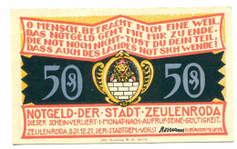50 Pfennig 1921 ZEULENRODA DEUTSCHLAND UNC Notgeld Papiergeld Banknote #P10601 - Lokale Ausgaben