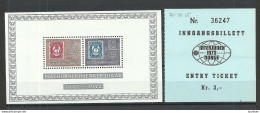NORWAY 1890 S/S Bock Michel 1 MNH + Exposstion Ticket Eintrittskarte - Blocs-feuillets
