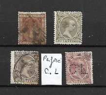 ESPAGNE -4 TRES BEAUX VIEUX TIMBRES OBLITERES-N°207 PERFORE -PAS-EMINCE-DE 1875-1880-SCAN DU VERSO AVEC UN BLEU - Unused Stamps