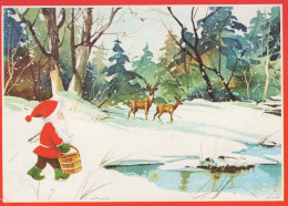 PAPÁ NOEL Feliz Año Navidad CIERVOS Vintage Tarjeta Postal CPSM #PBB150.ES - Kerstman