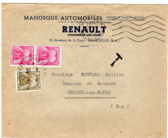 1954  " MANOSQUE AUTOMOBILE  RENAULT "  Taxée Paire De Gerbes 5f + 20f - Covers & Documents