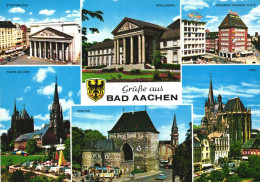 BAD AACHEN, MULTIPLE VIEWS, ARCHITECTURE, CARS, CHURCH, TERRACE, UMBRELLA, EMBLEM, GERMANY, POSTCARD - Aachen