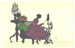 MG Signed, Lady Working With Spinning Wheel, Pre 1940 - Scherenschnitt - Silhouette