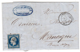 1857  CAD T 15 De CARPENTRAS  P C 619  Repiquage Camille CARTOUX  Envoyée à MANOSQUE - 1849-1876: Période Classique