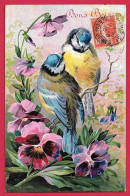 AA277 FANTAISIES OISEAUX MESANGES BLEUES COUPLE FLEURS DE PENSEES -1910 - Pájaros