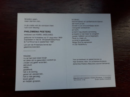 Philomena Peeters ° Vosselaar 1909 + Turnhout 1987 X Karel Meeuwes (Fam: Leys - Verhoeven) - Todesanzeige