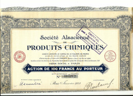 LOT De 19 ACTIONS De 100 Frs SOCIETE ALSACIENNE De PRODUITS CHIMIQUES Année 1928 - Industrial