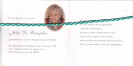 Julia De Bruycker-Degrande, Oedelem 1921, Sijsele 2022. Honderdjarige. Foto - Obituary Notices