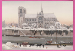 D75 - PARIS - NOTRE DAME EN HIVER - MICHEL DELACROIX - Illustration - Péniche-Bateaux-Charrette- CPM Grand Format - Churches