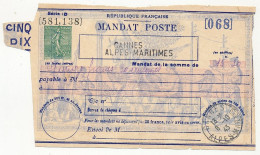 MANDAT POSTE Type Semeuse Vert, Série D, République Française - Cachets De Cannes (Alpes. Mar.) 1943 état B - Other & Unclassified