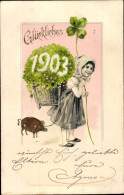 Gaufré Lithographie Glückwunsch Neujahr, Jahreszahl 1903, Mädchen Mit Rückentrage, Schwein, Kleeblatt - New Year