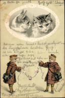 Gaufré Lithographie Zwei Kleine Katzen, Postboten - Other & Unclassified