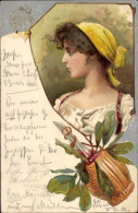 Gaufré Lithographie Portrait Einer Dunkelhaarigen Frau, Weinflasche - Other & Unclassified