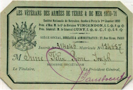 MILITARIA : Carte D'Identité - Vétérans Des Armées De Terre Et De Mer - 1870 - 71 - # - Documenten