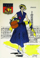 ► PARIS Place Vendôme Femme MODE - Série Carte Folklorique De France - Illustrateur Boite à Chapeau 1930 - Mode