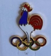 Pin' S  Doré  Sports  Jeux  Olympiques  Avec  Anneaux  Olympiques  Et  Animal  COQ  Tricolore - Giochi Olimpici