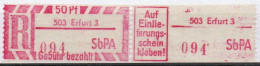 DDR Einschreibemarke Erfurt SbPA Postfrisch, EM2B-503-3II Zh (Mi 2C) - Etiquetas De Certificado