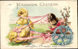 Lithographie Glückwunsch Ostern, Vermenschlichte Küken, Kutsche, Vergissmeinnicht - Easter