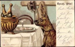 Lithographie Hund Vor Einem Teller Mit Essen, Sektflaschen - Andere & Zonder Classificatie