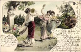 Lithographie Frauen In Historischer Kleidung In Einem Garten - Other & Unclassified