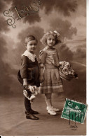 H55. Vintage French Greetings Postcard.  St. Louise. Two Children And Flowers - Saints