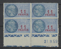 FISCAL  N°  144 / Long Serif / BLOC DE 4 COIN DATE 1959 NEUF ** LUXE SANS CHARNIERE / MNH - Zegels